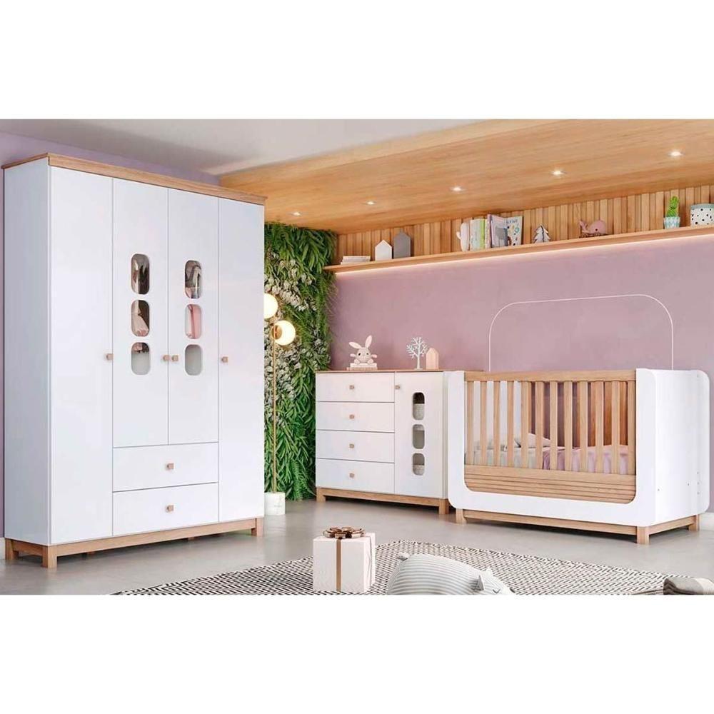 Quarto De Bebê Completo Aconchego 3 Peças (1 Guarda Roupa + 1 Berço + 1 Cômoda) Qi80 Branco-jequitiba - Henn - 1
