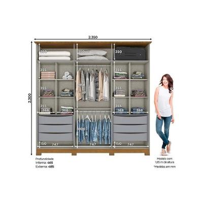 Guarda Roupa Casal Andréas 6 Portas de Bater 6 Gavetas Cinza-Nature MDF-MDP Henn