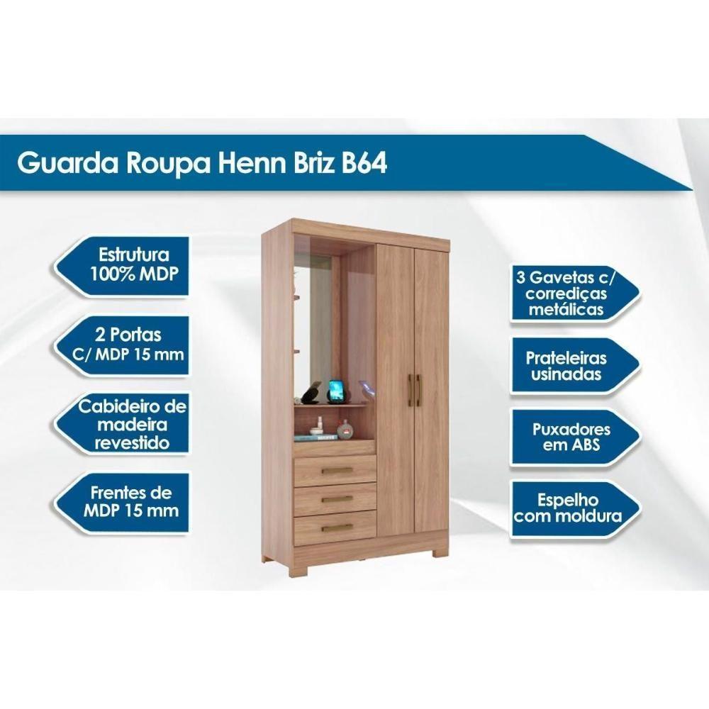 Guarda Roupa 2 Portas 3 Gavetas C- 1 Espelho E Pés Briz B64 Branco - Henn - 2