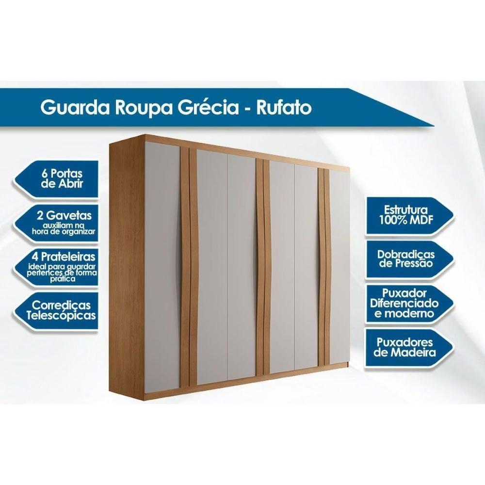 Guarda Roupa 6 Portas E 2 Gavetas C- Pés Grécia Naturale-off White - Rufato - 5