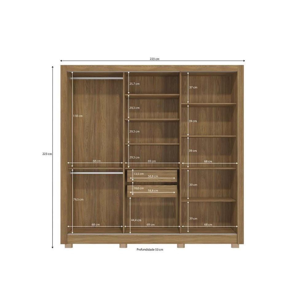 Guarda Roupa 3 Portas De Correr (1 C- Espelho) E 2 Gavetas C- Pés Cb07m570 Flex Nogueira-nogueira Ou Fendi - Kappesberg - 2