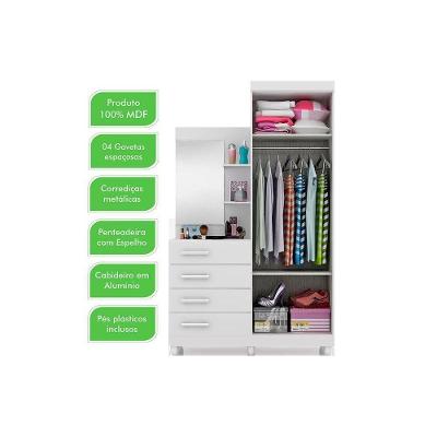 Guarda Roupa Solteiro Melissa 2 Portas de Abrir 4 Gavetas Nature-Off White MDF