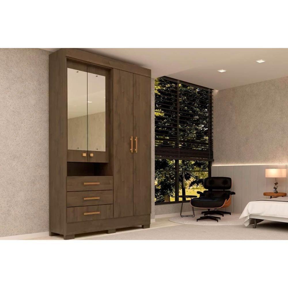 Guarda Roupa 4 Portas (2 C- Espelho) E 3 Gavetas Débora Nature-off White - Acp - 9