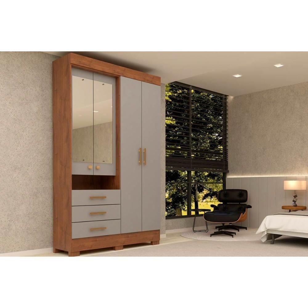 Guarda Roupa 4 Portas (2 C- Espelho) E 3 Gavetas Débora Nature-off White - Acp - 10