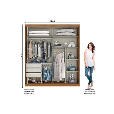 Guarda Roupa Casal Verg 2 Portas de Correr 3 Gavetas Nature-Off White Henn