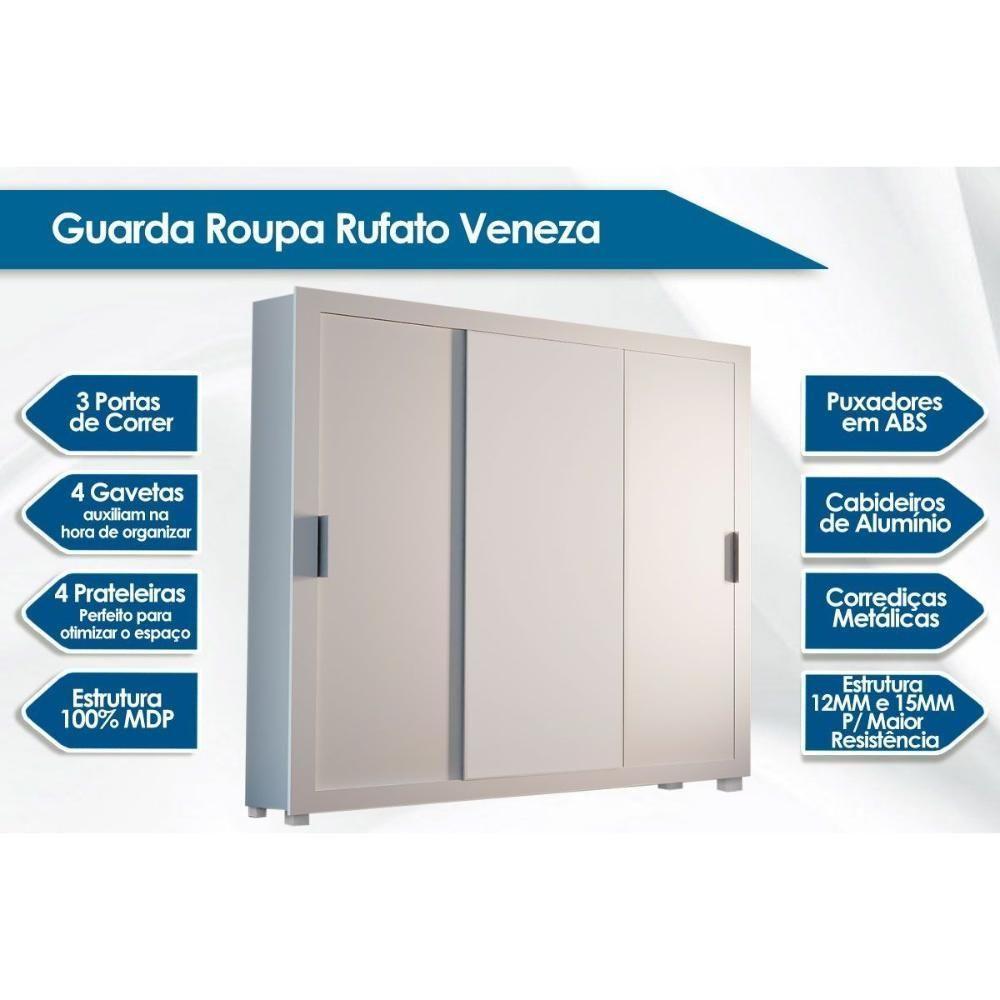 Guarda Roupas 3 Portas De Correr De E 4 Gavetas C- Pés Veneza Naturalle-ripado 3d - Rufato - 2