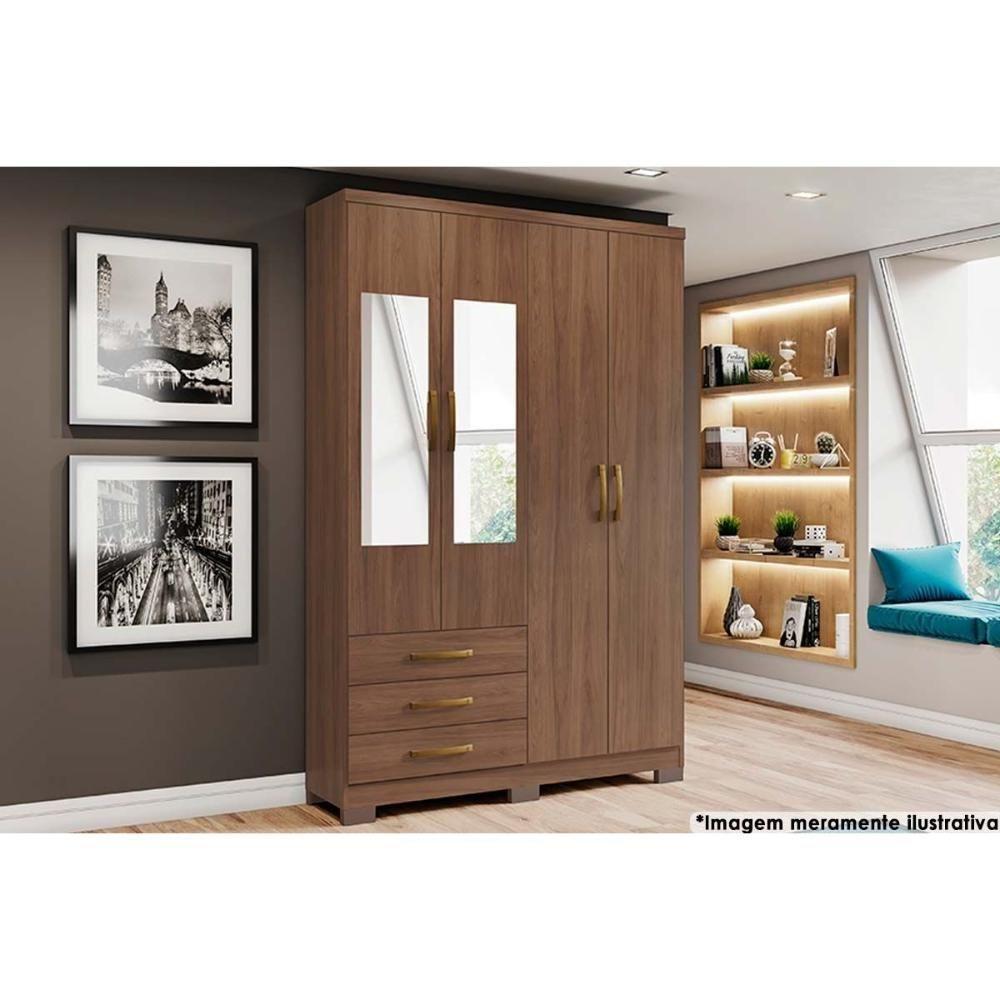 Guarda Roupa Casal 4 Portas (2 C- Espelho) E 3 Gavetas C- Pés Caju Da135 Castanho - Henn - 1