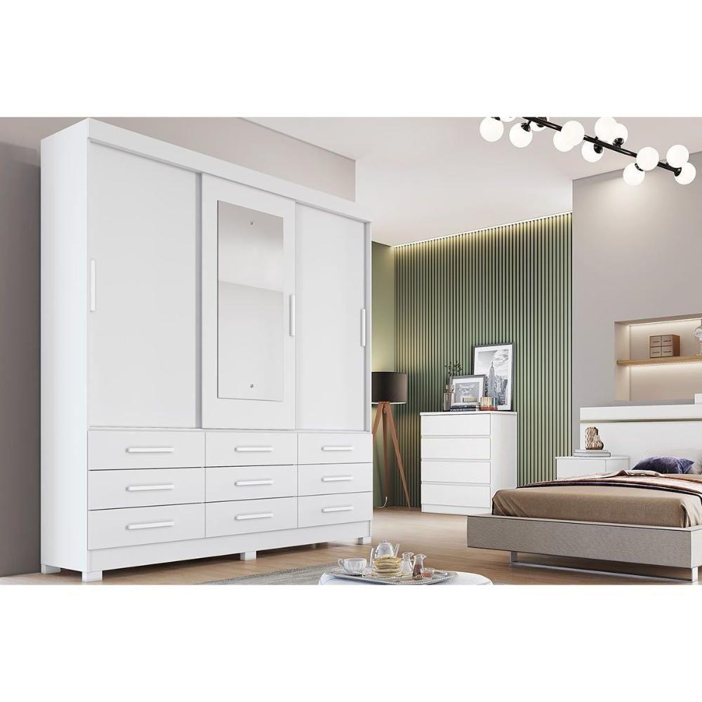 Guarda Roupa 3 Portas (1 C- Espelho) E 9 Gavetas Buriti-jequitibá Branco - Novo Horizonte - 1