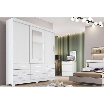 Guarda Roupa Solteiro Buriti-Jequitibá Branco 3 Portas de Correr 9 Gavetas MDP