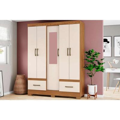 Guarda Roupa Solteiro Briz B60 5 Portas com Espelho 2 Gavetas Nature-Off White