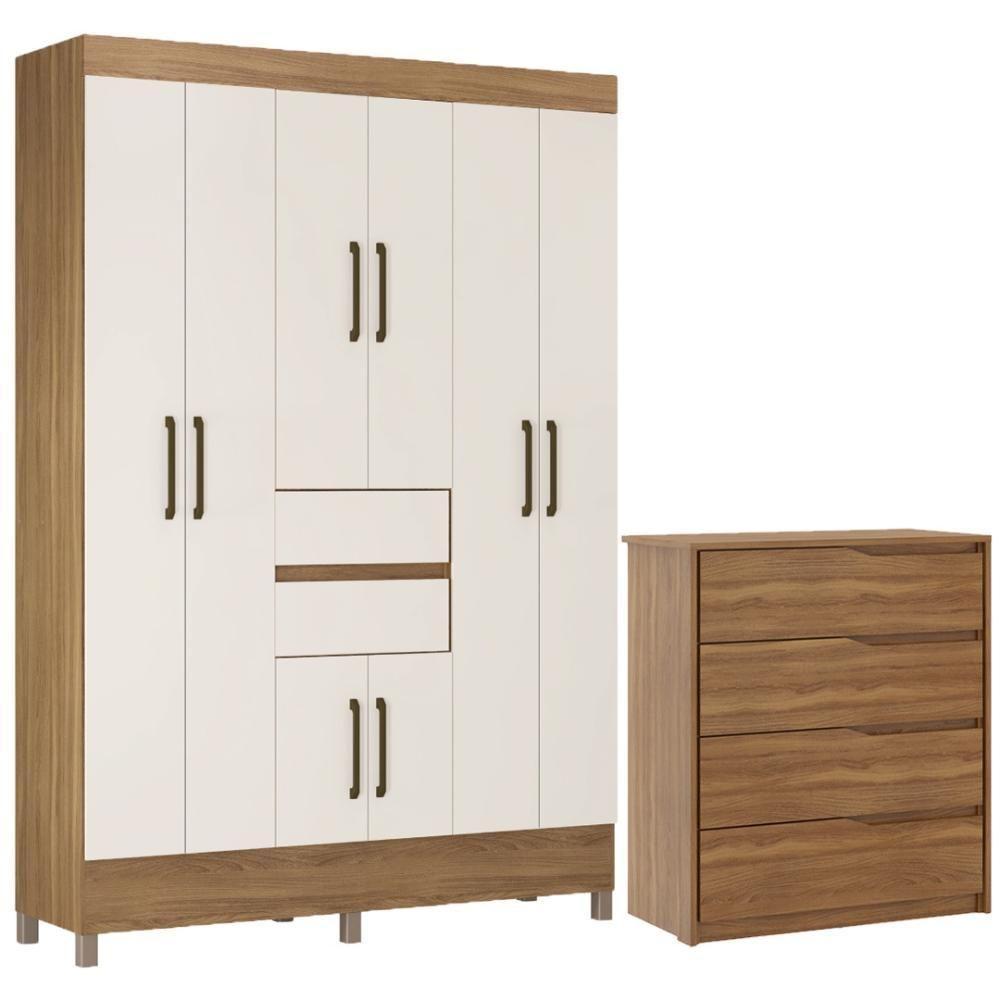 Kit Guarda Roupa Casal 8 Portas Munique Cômoda Atria Amêndola Touch Off White - 1