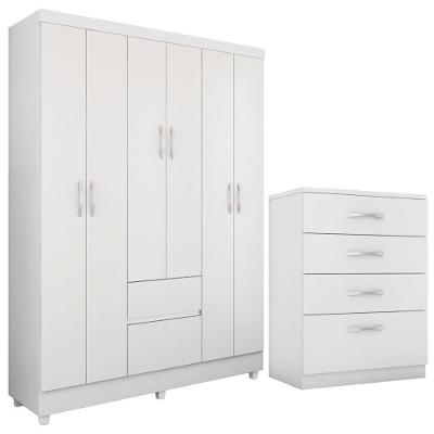 Kit Guarda Roupa Solteiro Flash Ii Cômoda Astral 6 Portas Giratórias 2 Gavetas Branco