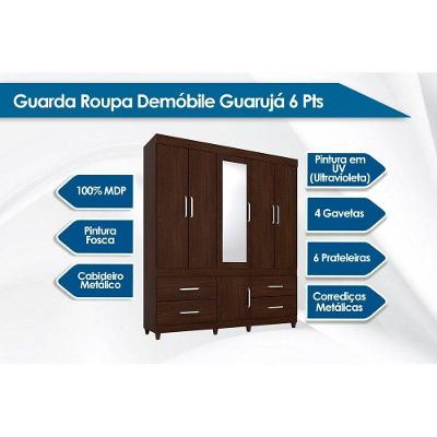 Guarda Roupa Solteiro Guarujá 6 Portas de Bater 4 Gavetas Amêndola Touch Demóbile