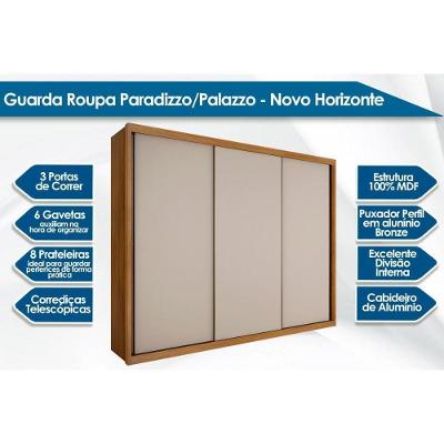 Guarda Roupa Casal Paradizzo-Palazzo 3 Portas de Correr 6 Gavetas Cumaru-Fendi MDF