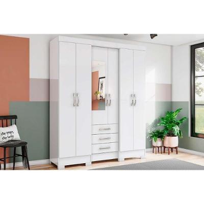 Guarda Roupa Solteiro Briz B23 6 Portas com Espelho 3 Gavetas Branco MDP Henn