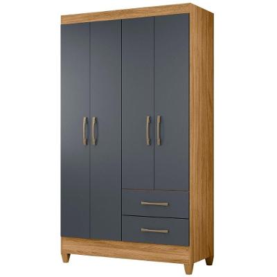 Guarda Roupa Solteiro Chile 4 Portas Dobradiças Metálicas 2 Gavetas Freijó Cinza