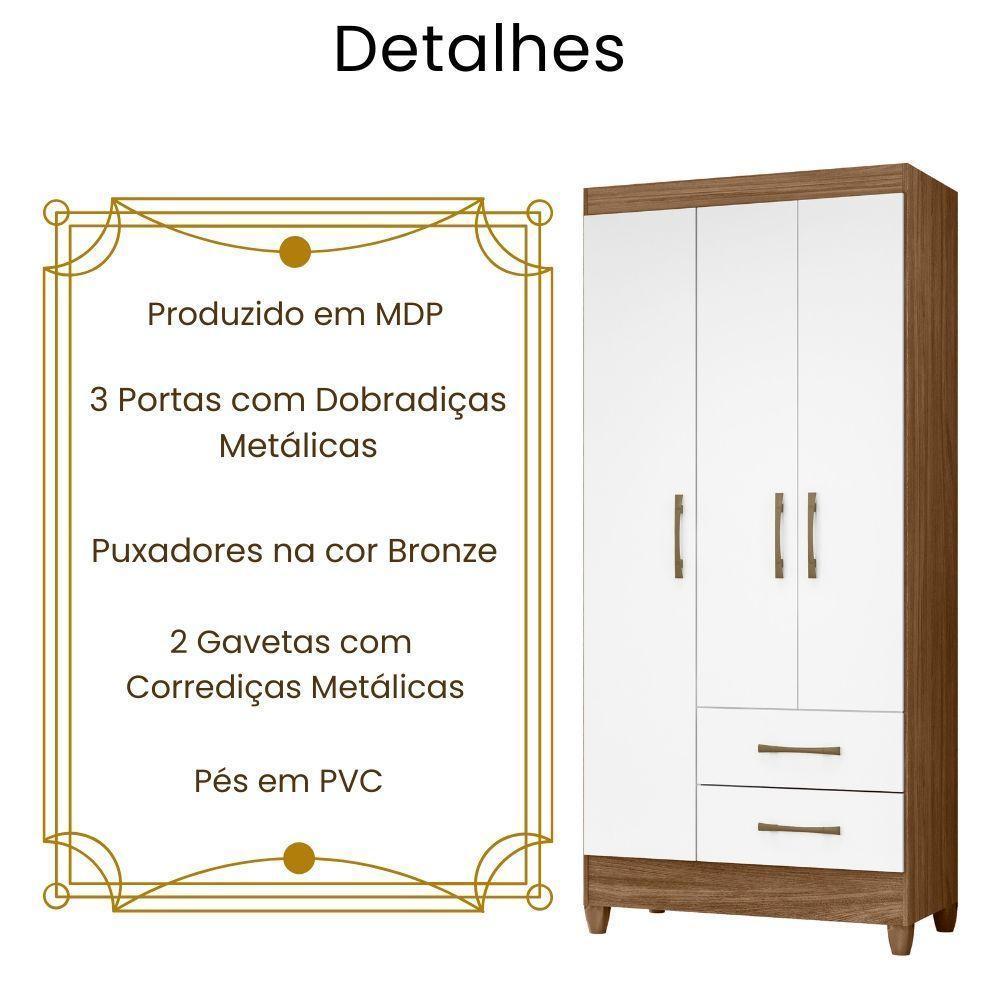 Guarda Roupa Solteiro Lima 3 Portas Naturale Branco Moval - 3