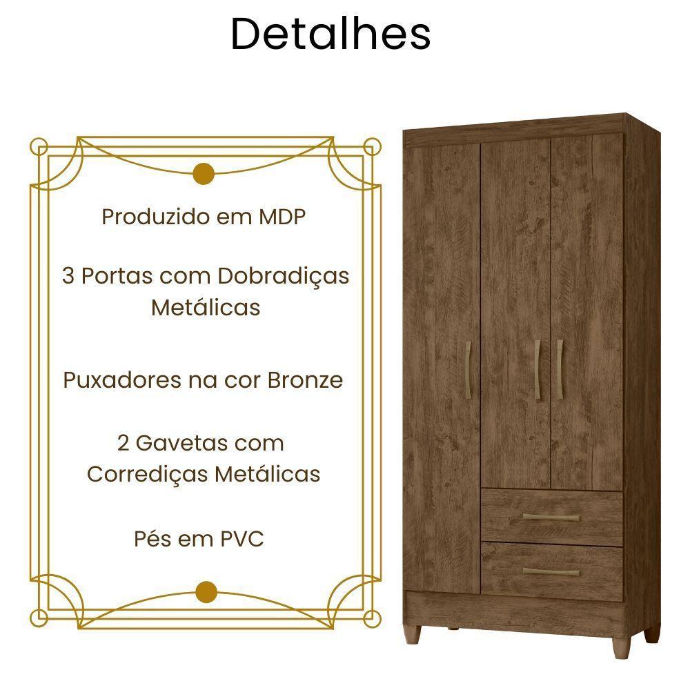 Guarda Roupa Solteiro Lima 3 Portas Castanho Wood Moval - 3