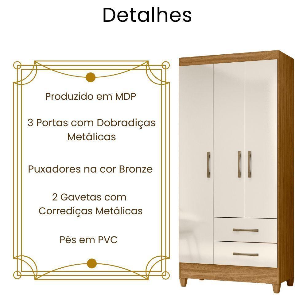 Guarda Roupa Solteiro Lima 3 Portas Freijó Off White Moval - 3