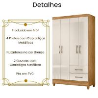 Guarda Roupa Solteiro Chile 4 Portas Freijó Off White Moval - 3