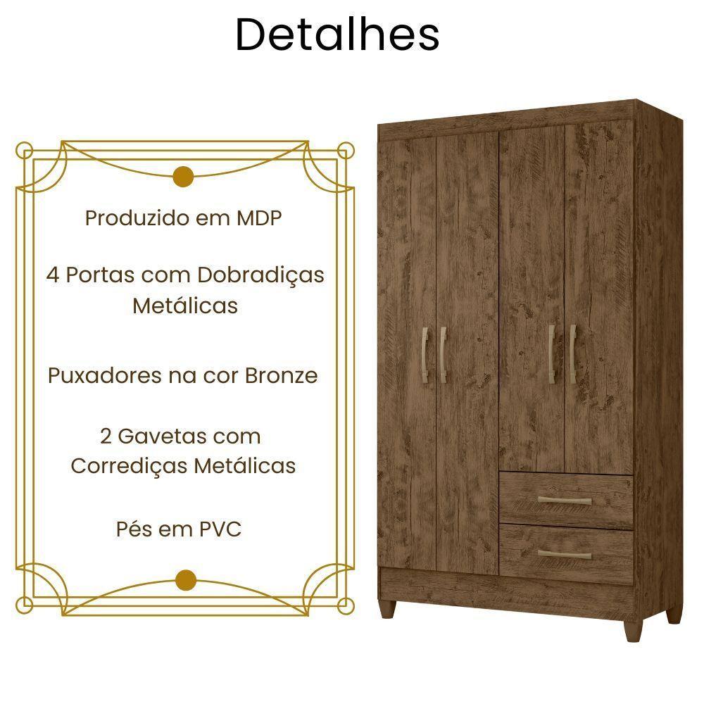 Guarda Roupa Solteiro Chile 4 Portas Castanho Wood Moval - 3
