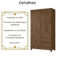 Guarda Roupa Solteiro Chile 4 Portas Castanho Wood Moval - 3