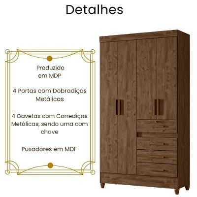 Guarda Roupa Solteiro Sobral 4 Portas Dobradiças Metálicas 4 Gavetas Castanho Wood