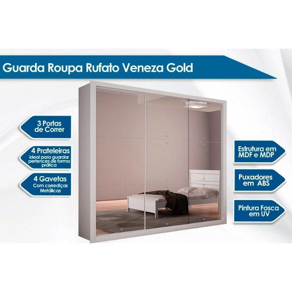 Guarda Roupa Solteiro 3 Portas De Correr C- Espelho E 4 Gavetas Veneza Gold Naturale - Rufato - 2