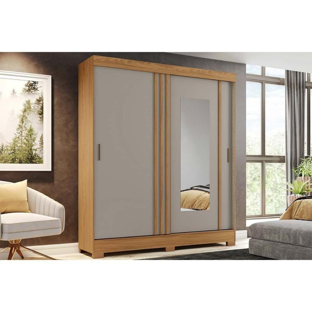 Guarda Roupa 2 Portas De Correr (1 C- Espelho) E 2 Gavetas Briz B353 Nature-cinza-off White - Henn - 1