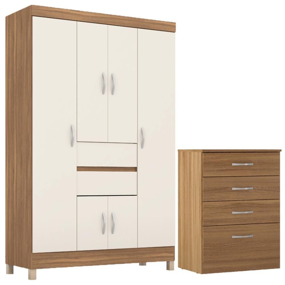 Kit Guarda Roupa Solteiro 6 Portas Ecom Ii Cômoda Astral Amêndola Touch Off White - 1