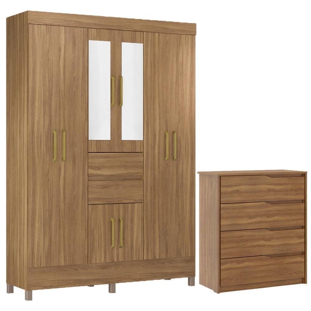 Kit Guarda Roupa Casal Com Espelho 8 Portas Munique Cômoda Atria Amêndola Touch - 1