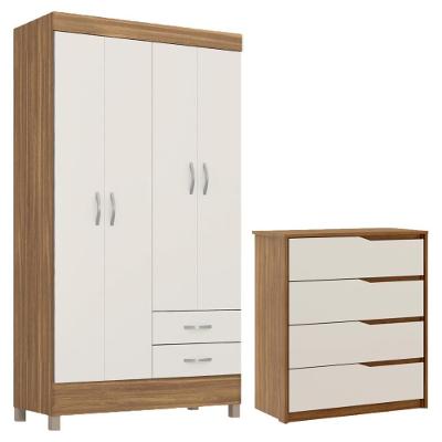 Kit Guarda Roupa Solteiro Astro 4 Portas de Giro 2 Gavetas Amêndola Touch-Off White