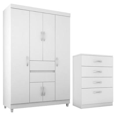 Kit Guarda Roupa Solteiro Ecom II e Cômoda Astral 6 Portas Giratórias 2 Gavetas em MDP Branco
