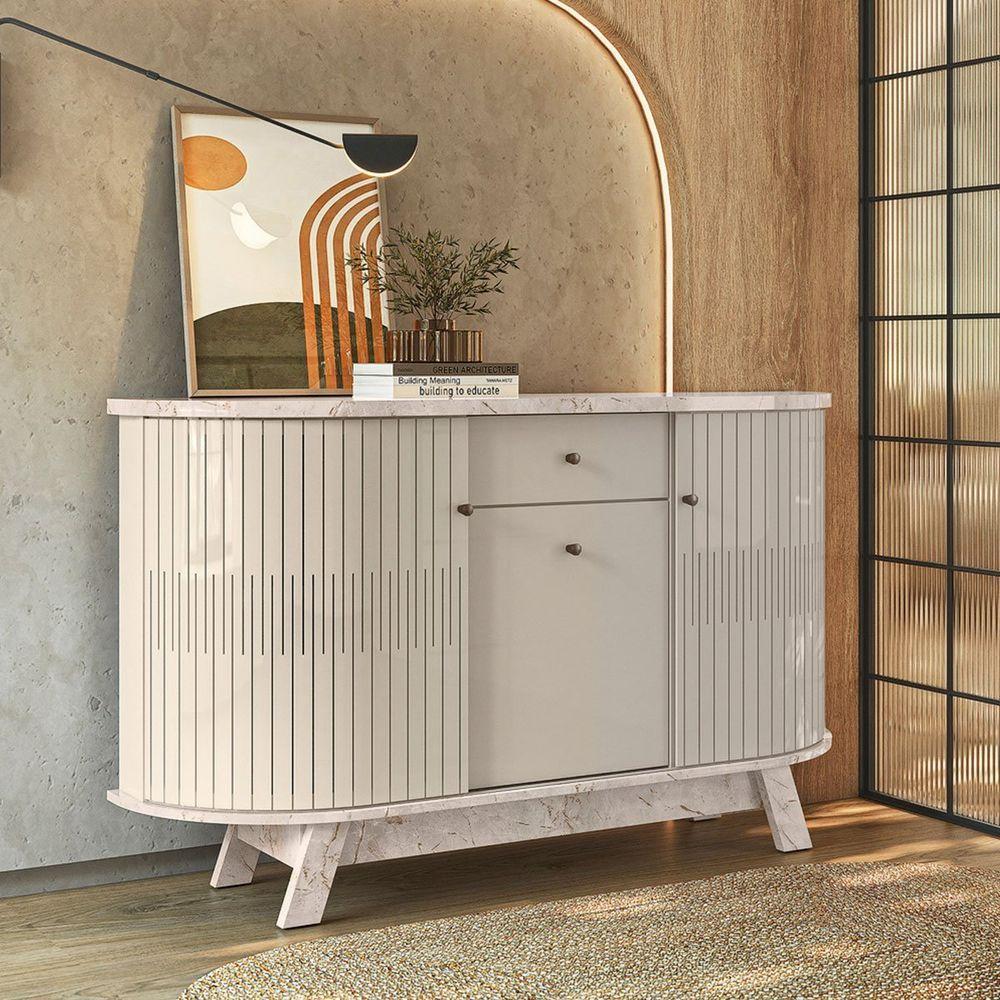 Buffet Aparador 3 Portas E 1 Gaveta 100% Mdp Brianza Calacata/off White - 2