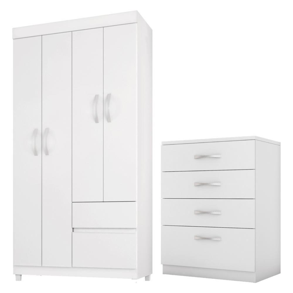 Kit Guarda Roupa Solteiro 4 Portas Lótus Cômoda Astral Branco - 1