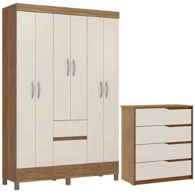 Kit Guarda Roupa Solteiro Flash II 6 Portas de Giro 2 Gavetas Amêndola Touch-Off White