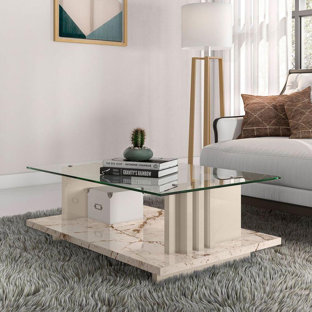 Mesa De Centro Tampo Vidro Retangular Foz Calacata/off White - 2