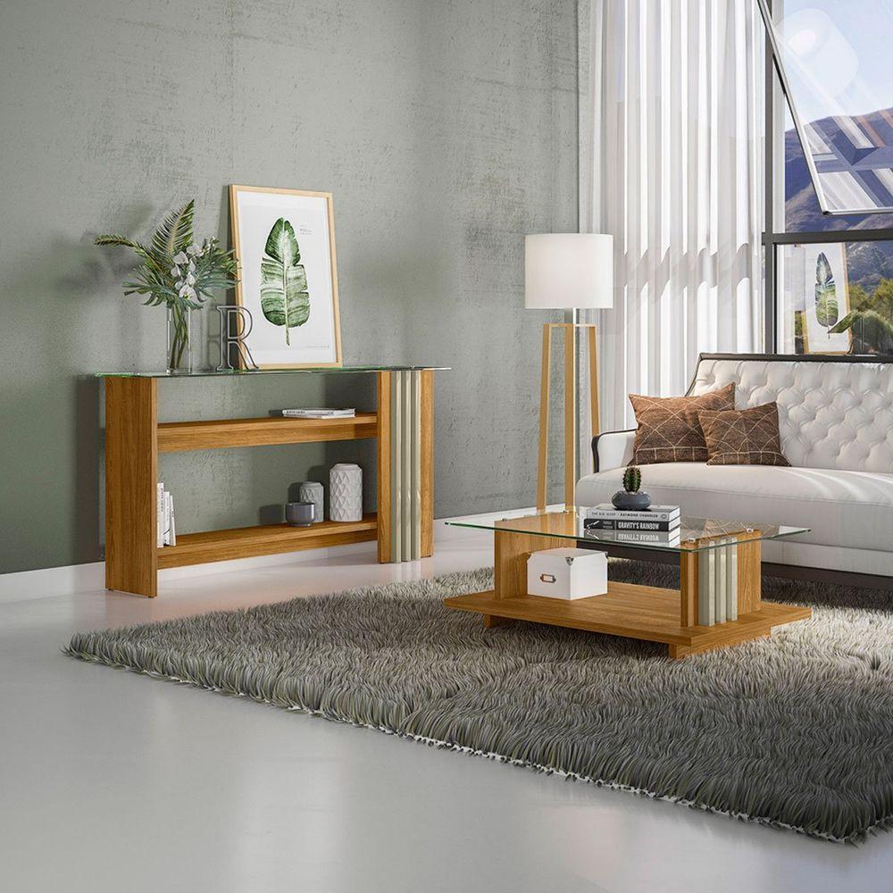 Kit Aparador Para Sala E Mesa De Centro Tampo De Vidro Foz Cumaru/opala - 2