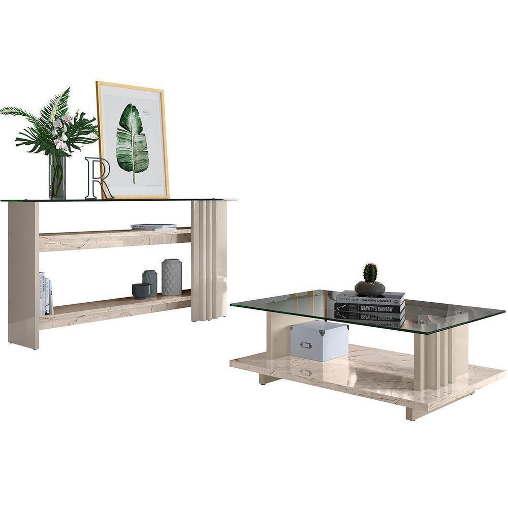 Kit Aparador Para Sala E Mesa De Centro Tampo De Vidro Foz Calacata/off White - 1