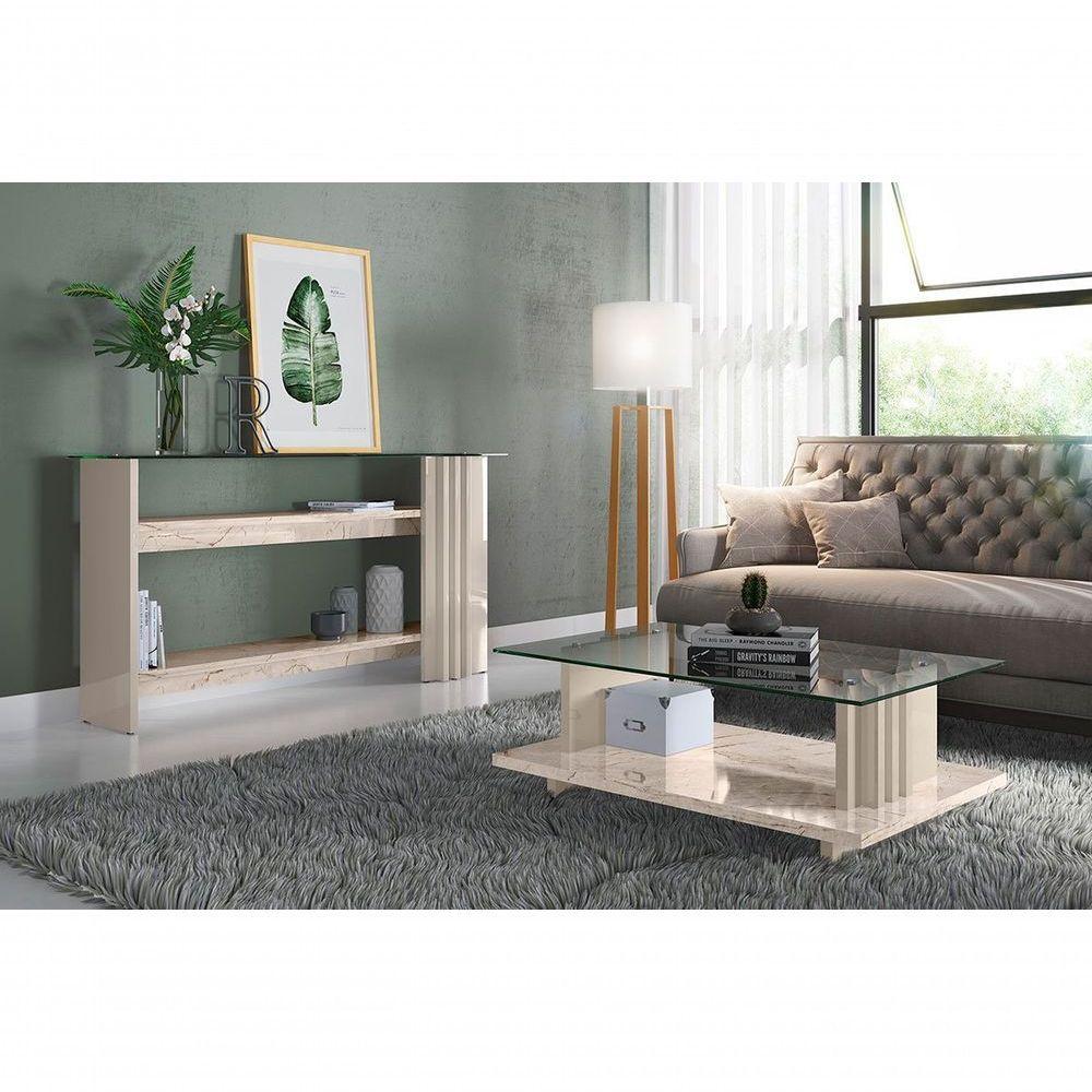 Kit Aparador Para Sala E Mesa De Centro Tampo De Vidro Foz Calacata/off White - 2