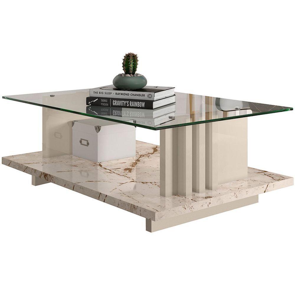 Kit Aparador Para Sala E Mesa De Centro Tampo De Vidro Foz Calacata/off White - 3