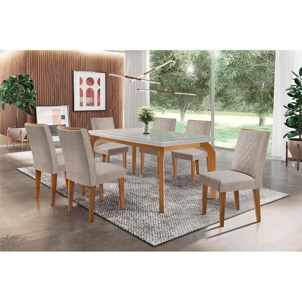 Conjunto Mesa De Cozinha Londrina Tampo Madeirado Com Vidro 180x90cm E 6 Cadeiras Jade Capuccino Suede Creme Rufato - 1