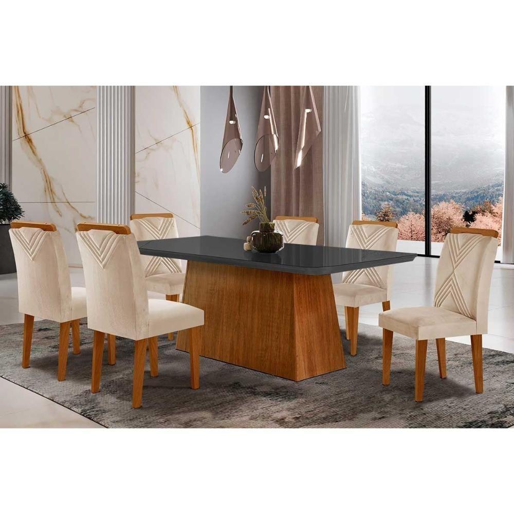 Conjunto Mesa De Cozinha Luna Tampo Madeirado Com Vidro Curvo 180x90 E 6 Cadeiras Amsterdã Imbuia Suede Creme Rufato - 1