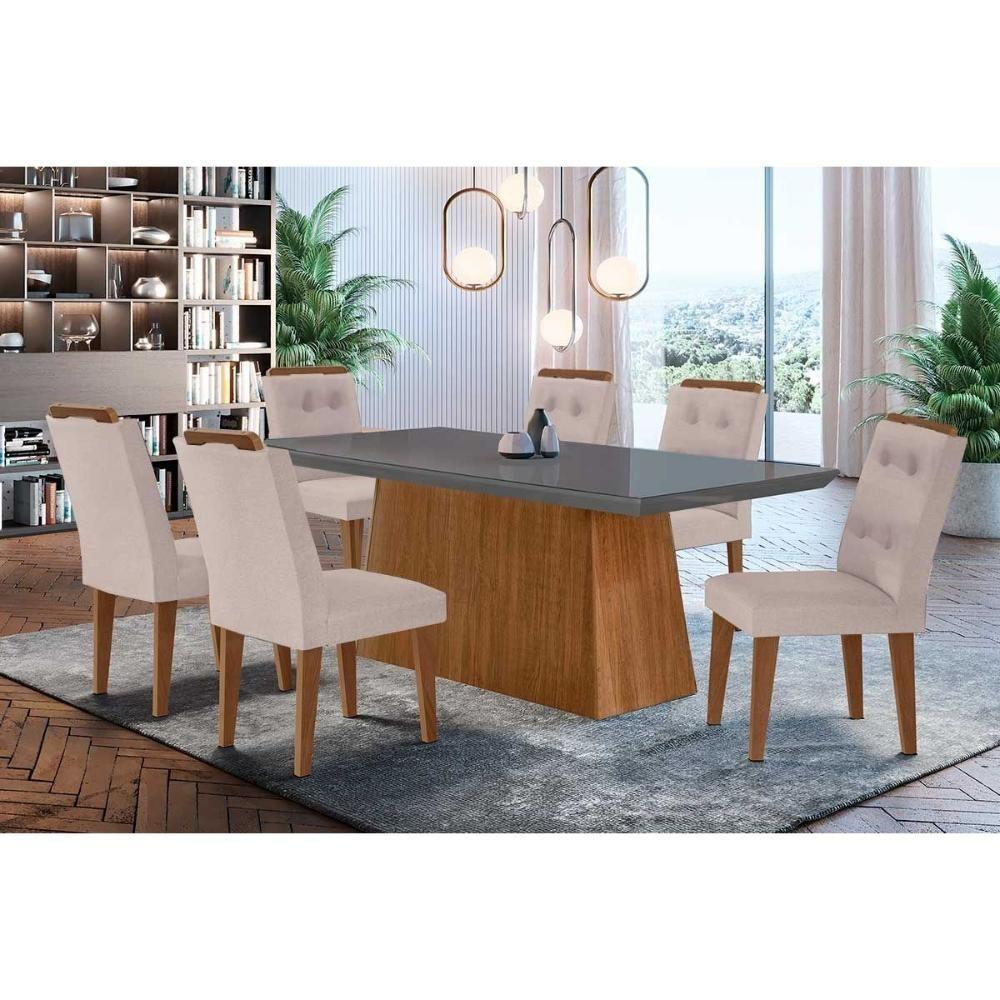 Sala De Jantar Completa Luna C- Tampo Vidro Canto Curvo 180x90cm E 6 Cadeiras Imperatriz Imbuia-grafite - Suede Creme - Rufato - 1
