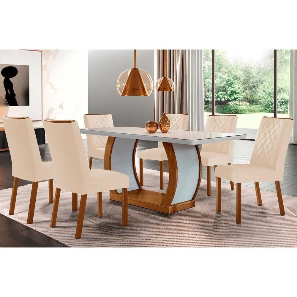 Conjunto Mesa De Cozinha Jade Tampo Madeirado Com Vidro Canto Curvo 180x90 E 6 Cadeiras Jade Imbuia Suede Creme Rufato - 1