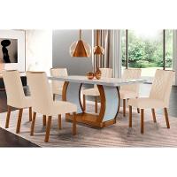 Conjunto Mesa De Cozinha Jade Tampo Madeirado Com Vidro Canto Curvo 180x90 E 6 Cadeiras Jade Imbuia Suede Creme Rufato - 1