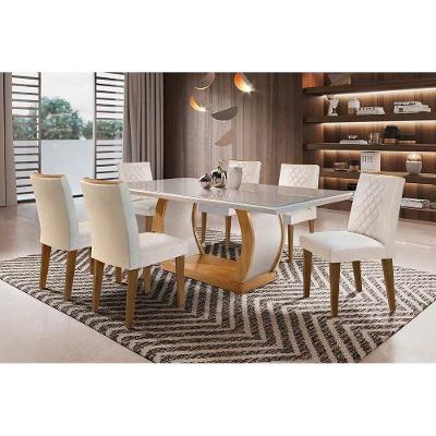 Conjunto Mesa Sala Jantar Jade Tampo Madeirado Com Vidro Reto 180x90 E 6 Cadeiras Jade Imbuia Suede Creme Rufato