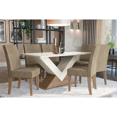 Sala De Jantar Completa Amora Tampo Madeirado C- Vidro 90x180cm E 6 Cadeiras 2cad133 Freijo-off White-vidro Off White - Veludo Delu - Kappesberg