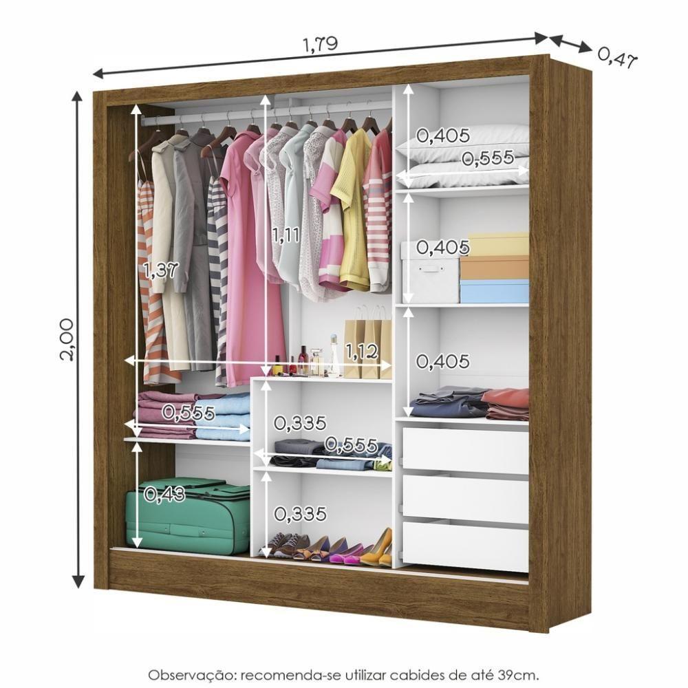 Guarda Roupa Roupeiro Dubai 3 Portas De Correr Com Espelho Central 3 Gavetas Carioca Cinamomo Off White - 3