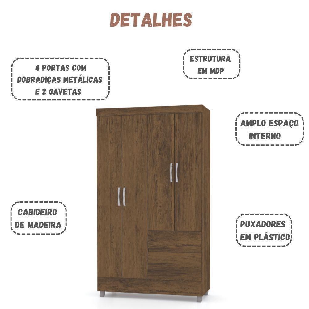 Guarda Roupa Solteiro Ideal Plus 4 Portas Imbuia Rústico Vr - 4